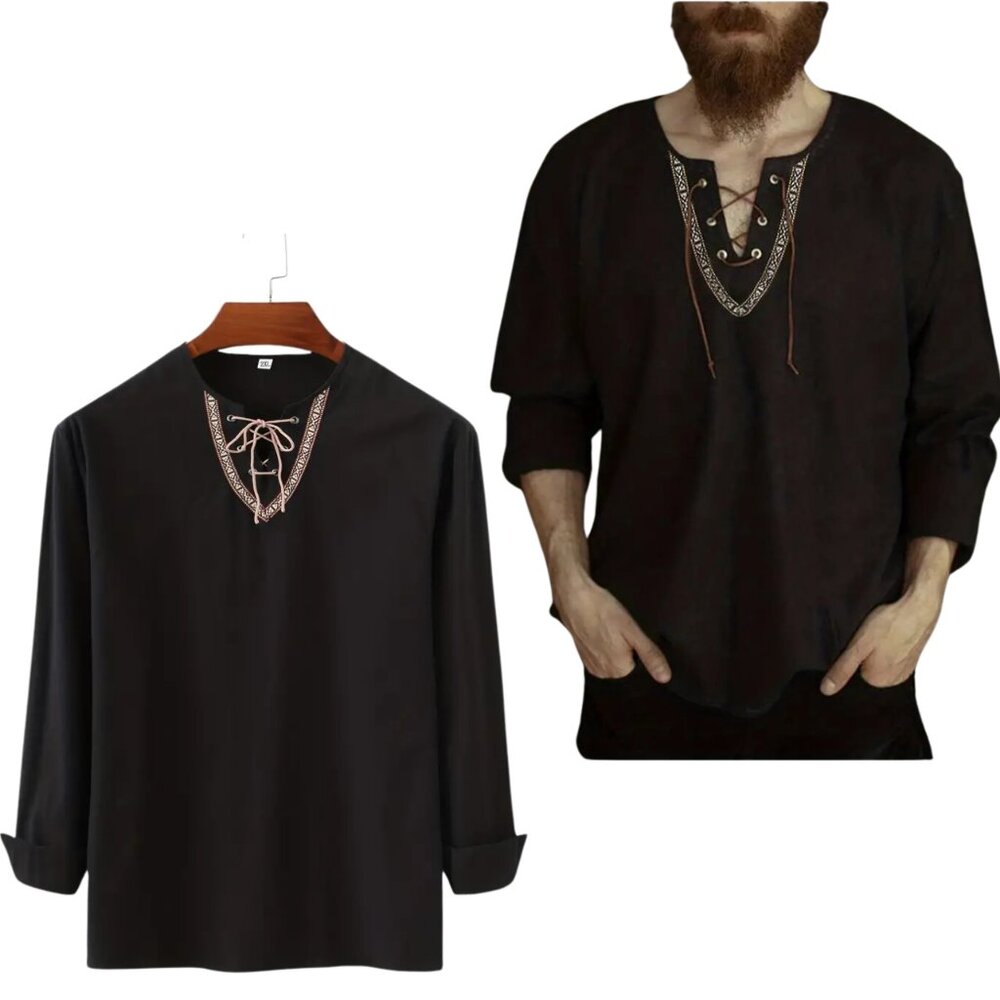 Medieval Shirt Men Linen Ancient Slavic Embroidery ShirtTop Cosplay Costume